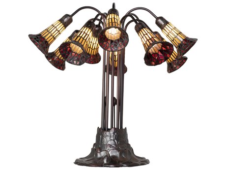 Meyda Stained Glass Pond Lily 10 - Light Mahogany Bronze Tiffany Table Lamp with Ruby Shade