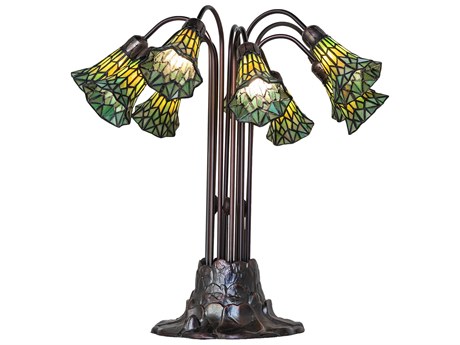 Meyda Stained Glass Pond Lily 10 - Light Mahogany Bronze Green Tiffany Table Lamp with Shade