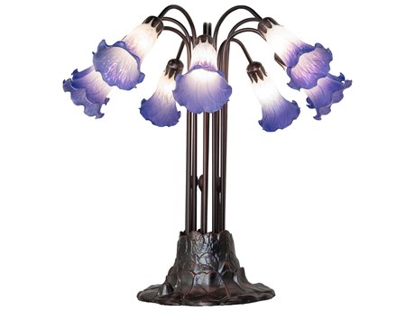 Meyda Pond Lily 10 - Light Mahogany Bronze Blue White Glass Table Lamp with Shade