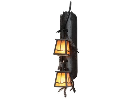 Meyda Pine Branch Valley View 2-Light Black Satin Wrought Iron Glass Wall Sconce
