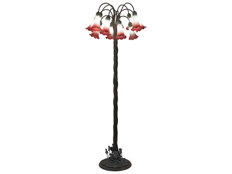 Meyda Pond Lily Bronze Seafoam Cranberry Glass Floor Lamp with Shade