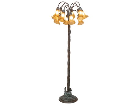 Meyda Pond Lily Bronze Amber Glass Floor Lamp with Shade