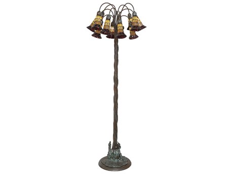Meyda Stained Glass Pond Lily Bronze Amber Violet Tiffany Floor Lamp with Shade