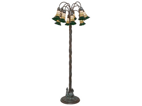 Meyda Stained Glass Pond Lily Bronze Green Amber Tiffany Floor Lamp with Shade