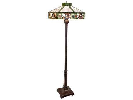 Meyda Poker Face Mahogany Bronze Green Beige Glass Tiffany Floor Lamp