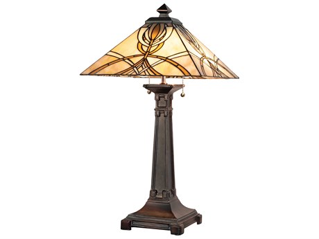 Meyda Glasgow Bungalow Mahogany Bronze Sunflower Beige Glass Tiffany Table Lamp