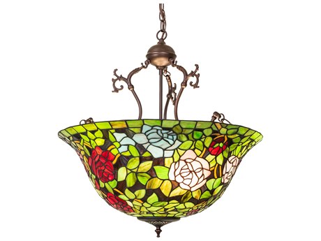 Meyda Rosebush 6-Light Mahogany Bronze Glass Tiffany Pendant
