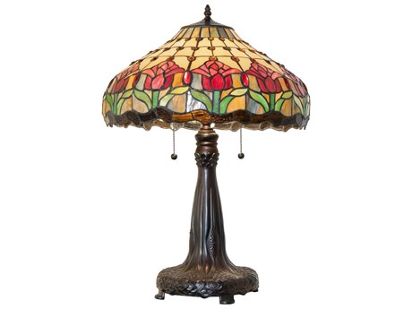 Meyda Colonial Tulip Mahogany Bronze Ruby Amber Glass Tiffany Buffet Lamp