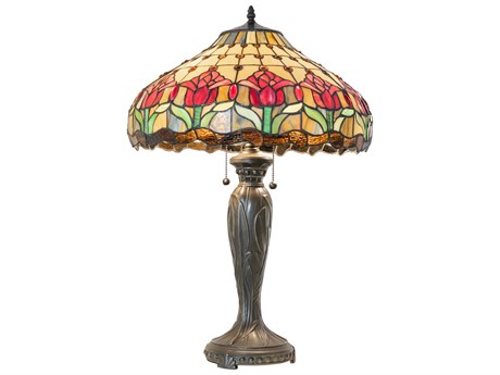 Meyda Colonial Tulip Mahogany Bronze Ruby Amber Glass Tiffany Buffet Lamp