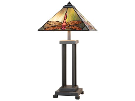 Meyda Prairie Dragonfly Mahogany Bronze Ruby Coral Amber Glass Tiffany Table Lamp