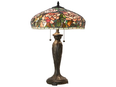 Meyda Tiffany Peony Mahogany Bronze Ruby Pink Mauve Glass Buffet Lamp