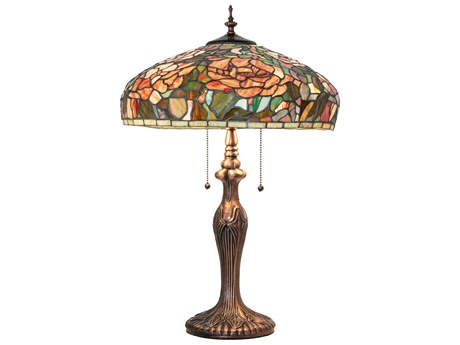 Meyda Tiffany Peony Mahogany Bronze Ruby Pink Mauve Glass Buffet Lamp