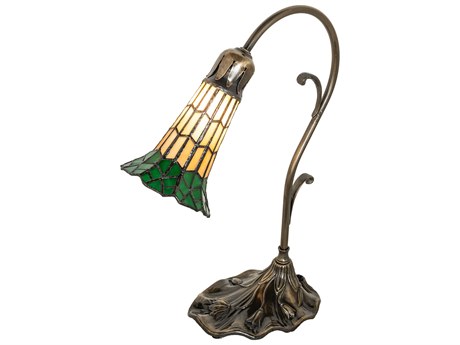 Meyda Pond Lily Antique Brass Tiffany Table Lamp with Amber Glass Green Shade