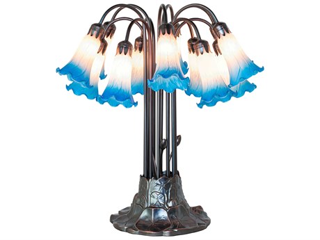Meyda Tiffany Pond Lily Pink / Blue Glass Table Lamp