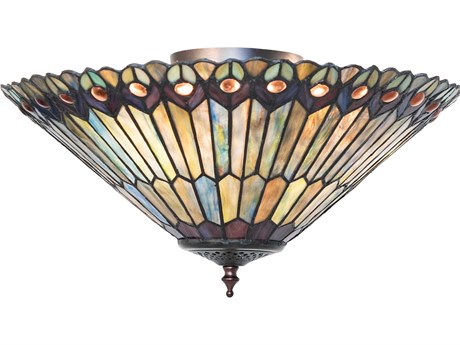 Meyda Tiffany Jeweled Peacock 3-Light Jade Purple / Purple Blue / Sky Blue Flush Mount