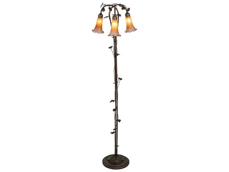 Meyda Pond Lily Mahogany Bronze Tiffany Floor Lamp with Amber Purple Glass Shade
