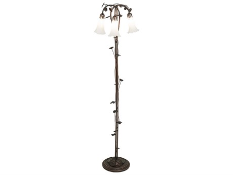Meyda Pond Lily Mahogany Bronze Tiffany Floor Lamp with White Glass Shade
