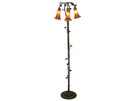 Meyda Pond Lily Mahogany Bronze Tiffany Floor Lamp with Amber Glass Shade
