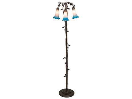 Meyda Pond Lily Mahogany Bronze Tiffany Floor Lamp with Pink Blue Glass Shade