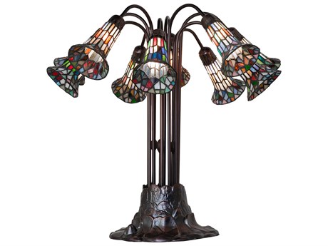 Meyda Stained Glass Pond Lily 10 - Light Mahogany Bronze Blue White Red Pink Purple Tiffany Table Lamp with Shade