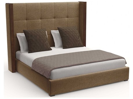 Nativa Interiors Irenne Button Tufted High Brown Upholstered Panel Bed