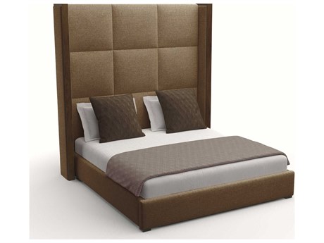 Nativa Interiors Irenne Square Tufted High Brown Upholstered Panel Bed