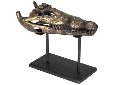 Noir Antique Brass Alligator On Stand Sculpture