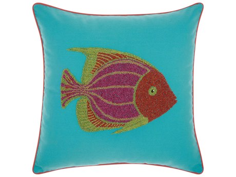 Nourison Turquoise / Coral 18" x 18" Beaded Fish Outdoor Pillow