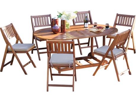 Outdoor Interiors Eucalyptus 7pc Fold & Store Dining Set w Beige Cushions & Cover
