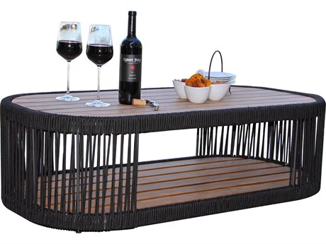 Outdoor Interiors Teak & Black Rope Coffee Table, 47" x 23.5"