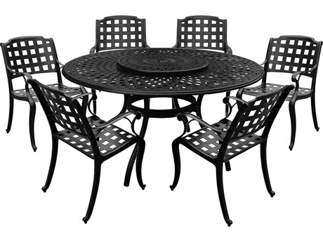 Oakland Living Modern Aluminum 59'' Large Black Round Patio Dining Set with Lazy Susan and Six Chairs