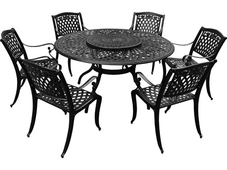 Oakland Living Modern Aluminum 59'' Large Black Round Outdoor Patio Dining Set with Lazy Susan and Six Chairs