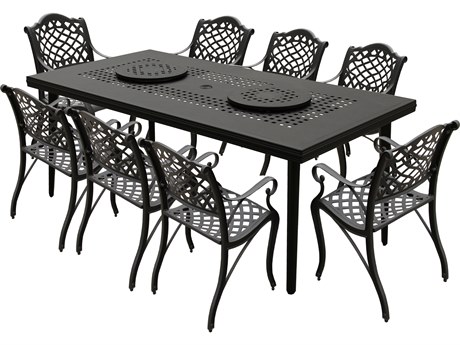 Oakland Living Modern Aluminum 84'' Large Black Rectangular Outdoor Dining Set with Two Lazy Susans and Eight Chairs