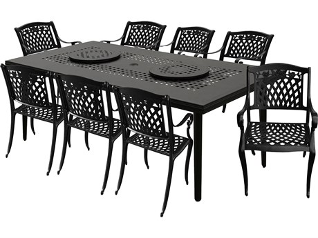 Oakland Living Modern Aluminum 84'' Large Black Rectangular Outdoor Patio Dining Set with Two Lazy Susans and Eight Chairs