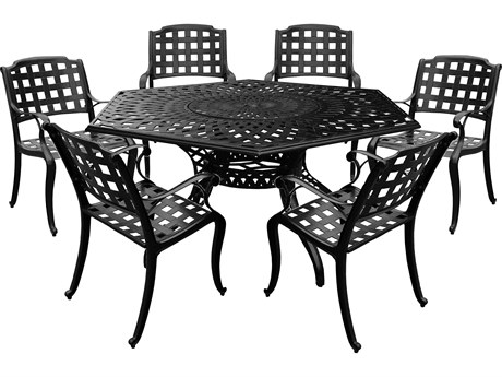 Oakland Living Modern Aluminum 63'' Large Black Hexagon Outdoor Dining Set with Lazy Susan and Six Chairs
