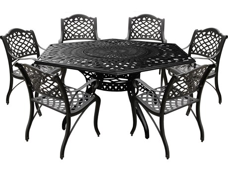 Oakland Living Modern Aluminum 63'' Large Black Hexagon Outdoor Dining Set with Lazy Susan and Six Chairs