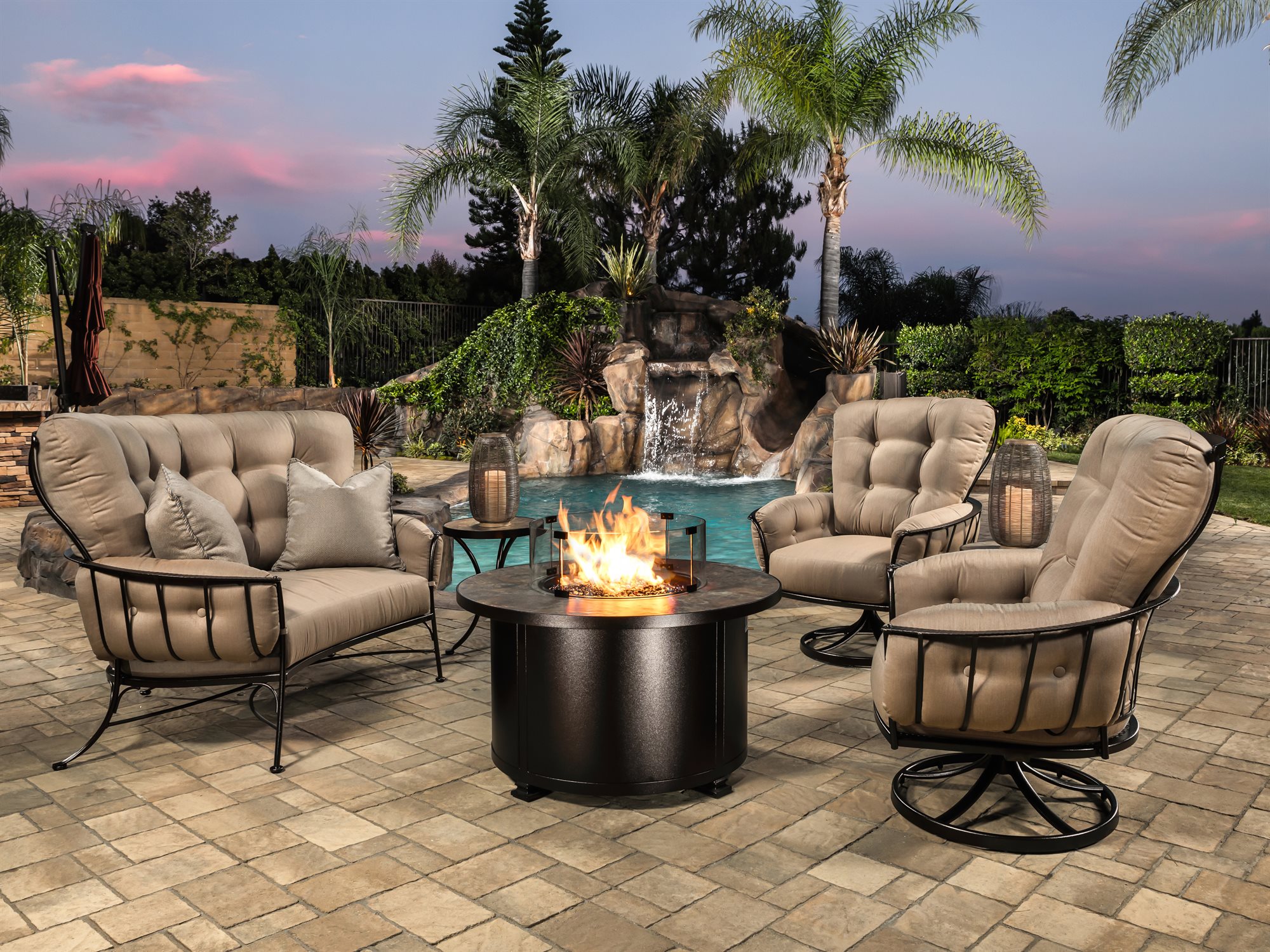 Ow Lee Monterra Copper Canyon Wrought Iron Fire Pit Lounge Set