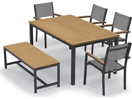 Oxford Garden Travira Titanium / Carbon Aluminum Wood Recycled Plastic Dining Set with Bench