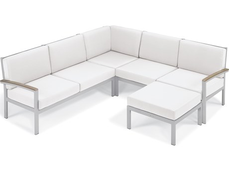 Oxford Garden Travira Aluminum Flint 4 Piece Sectional Lounge Set with Eggshell White Cushions