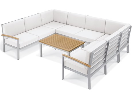 Oxford Garden Travira Aluminum Flint 7 Piece Sectional Lounge Set with Eggshell White Cushions