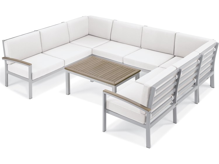 Oxford Garden Travira Aluminum Flint 7 Piece Sectional Lounge Set with Eggshell White Cushions
