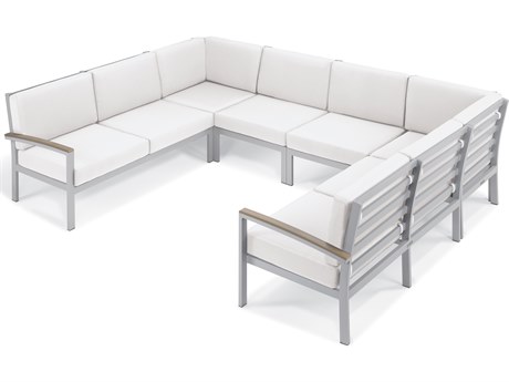 Oxford Garden Travira Aluminum Flint 6 Piece Sectional Lounge Set with Eggshell White Cushions
