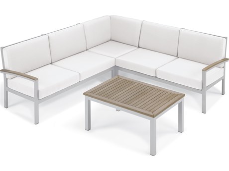Oxford Garden Travira Aluminum Flint 4 Piece Sectional Lounge Set with Eggshell White Cushions