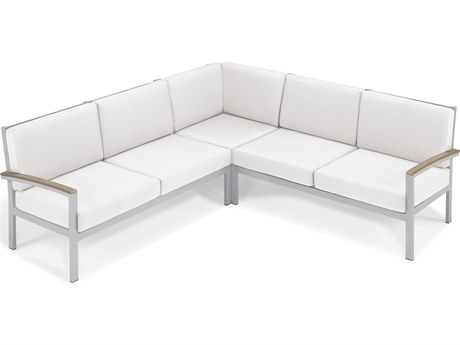 Oxford Garden Travira Aluminum Flint 3 Piece Sectional Lounge Set with Eggshell White Cushions