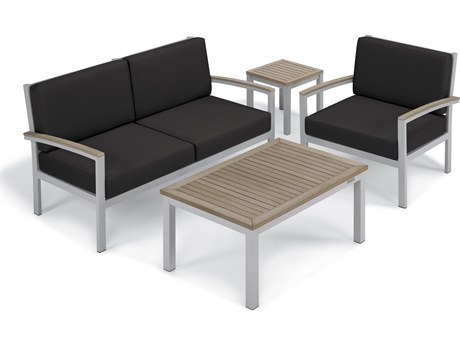 Oxford Garden Travira Aluminum Flint 4 Piece Lounge Set with Jet Black Cushions