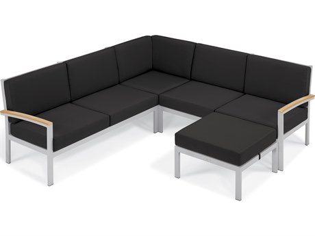 Oxford Garden Travira Aluminum Flint 4 Piece Sectional Lounge Set with Jet Black Cushions