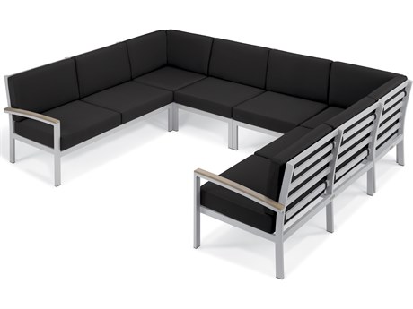 Oxford Garden Travira Aluminum Flint 6 Piece Sectional Lounge Set with Jet Black Cushions