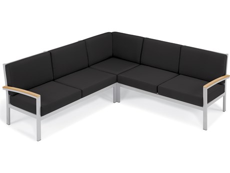 Oxford Garden Travira Aluminum Flint 3 Piece Sectional Lounge Set with Jet Black Cushions