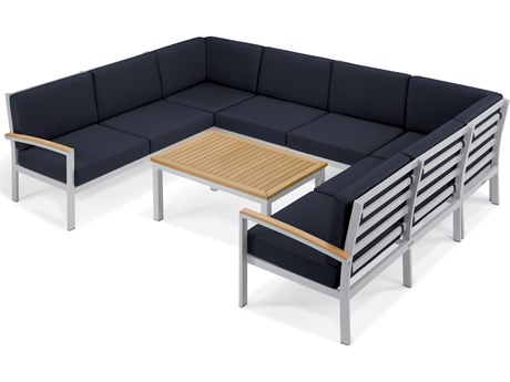 Oxford Garden Travira Aluminum Flint 7 Piece Sectional Lounge Set with Midnight Blue Cushions