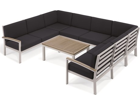 Oxford Garden Travira Aluminum Flint 7 Piece Sectional Lounge Set with Midnight Blue Cushions